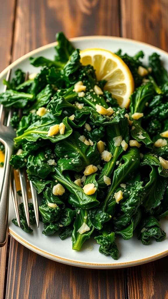 Sautéed kale leaves with garlic, garnished with lemon, served on a rustic plate.
